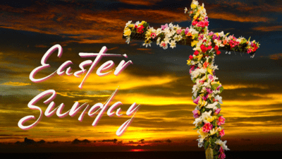 Easter Sunday flower cross against a sunrise
